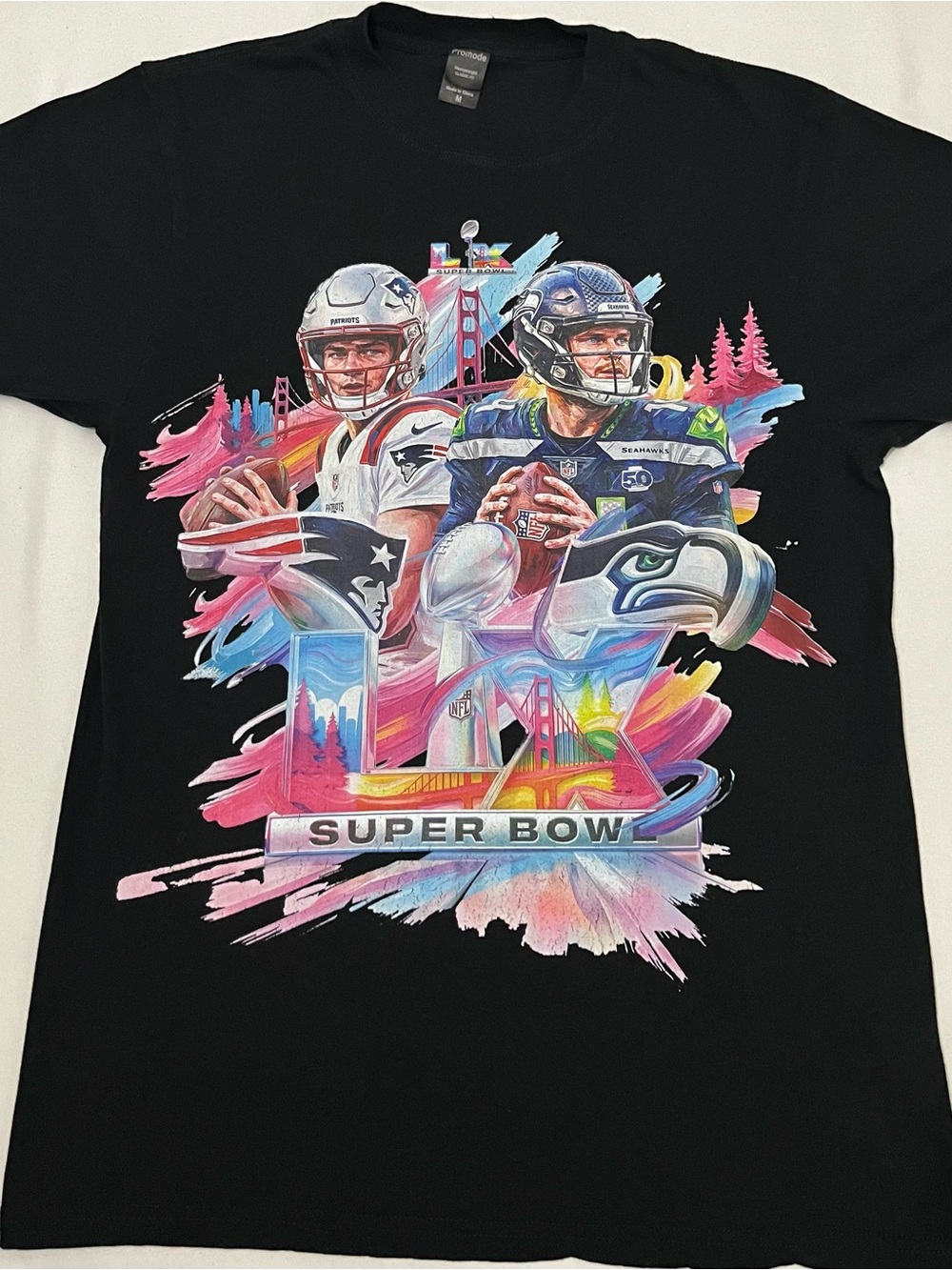 Promod Black Super Bowl Graphic Tee with Multicolor Artwork Seahawks champs